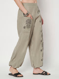 Light grey hand block printed cotton trouser for women. Black print, Tribal print, comes with a pocket. Jogger style. 