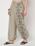 Light grey hand block printed cotton trouser for women. Black print, Tribal print, comes with a pocket. Jogger style. 
