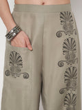 Light grey hand block printed cotton trouser for women. Black print, Tribal print, comes with a pocket. Jogger style. 