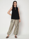 Light grey hand block printed cotton trouser for women. Black print, Tribal print, comes with a pocket. Jogger style. 