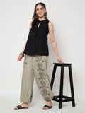 Light grey hand block printed cotton trouser for women. Black print, Tribal print, comes with a pocket. Jogger style. 
