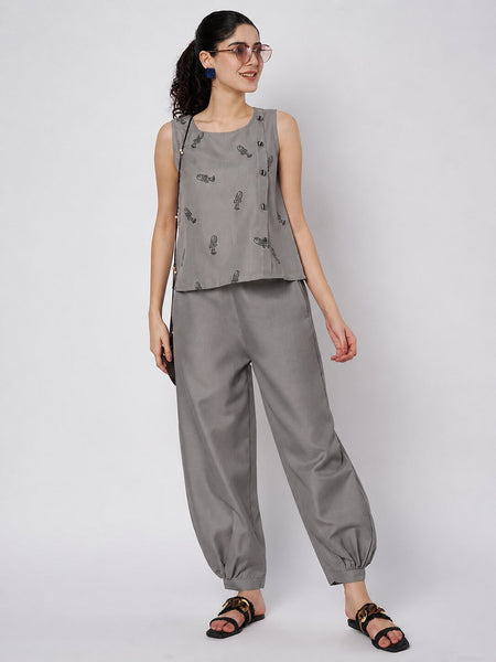 Cotton Solid Side Gathered Trouser