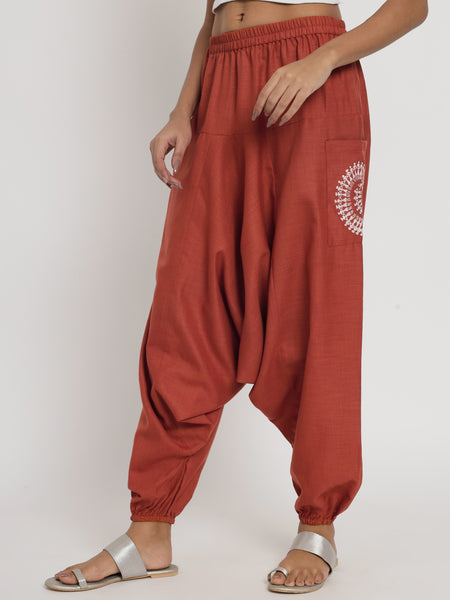 Cotton Printed Pockets Drop-Crotch Pants