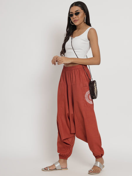 Cotton Printed Pockets Drop-Crotch Pants