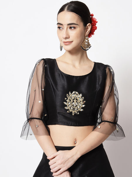 Dupion Mirror Work Embroidered Net Sleeves Crop Top