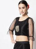 Dupion Mirror Work Embroidered Net Sleeves Crop Top