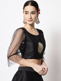 Dupion Mirror Work Embroidered Net Sleeves Crop Top