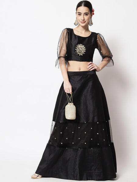 Dupion Mirror Work Embroidered Net Sleeves Crop Top