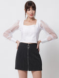 Organza Square Neck Sequin Cuff Top