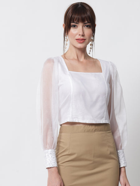 Organza Square Neck Sequin Cuff Top