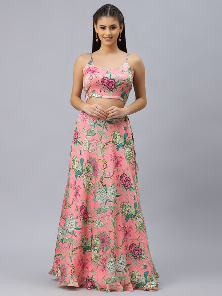 Satin Floral Printed Bias Lehenga Set