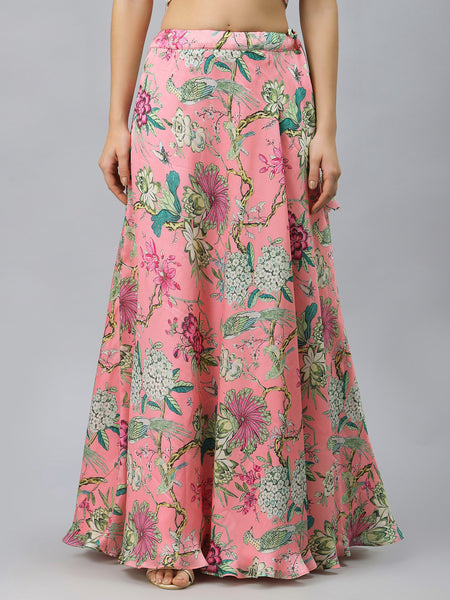 Satin Floral Printed Bias Skirt