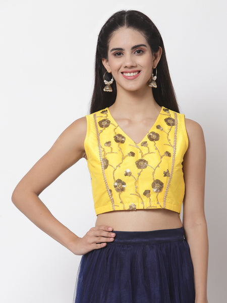 Dupion and Net Embroidered Panelled Crop Top