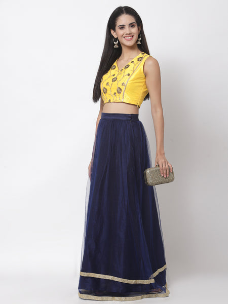 Dupion and Net Embroidered Panelled Crop Top