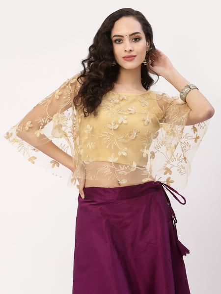 Net Floral Embroidered Cape Top