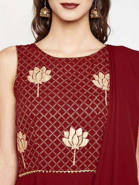 Crepe Hand Block Printed Draped Dupatta Maxi Kurta