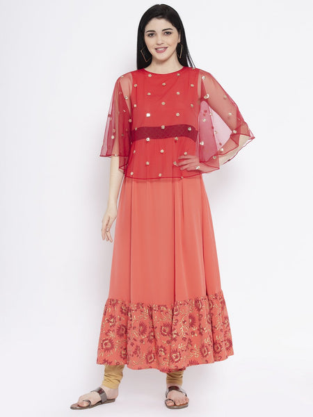 Crepe and Net Sequin Embroidered Cape Kurta