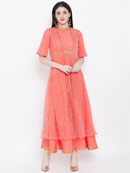 Crepe & Net Sequins Embroidered Attached Shrug Maxi Kurta