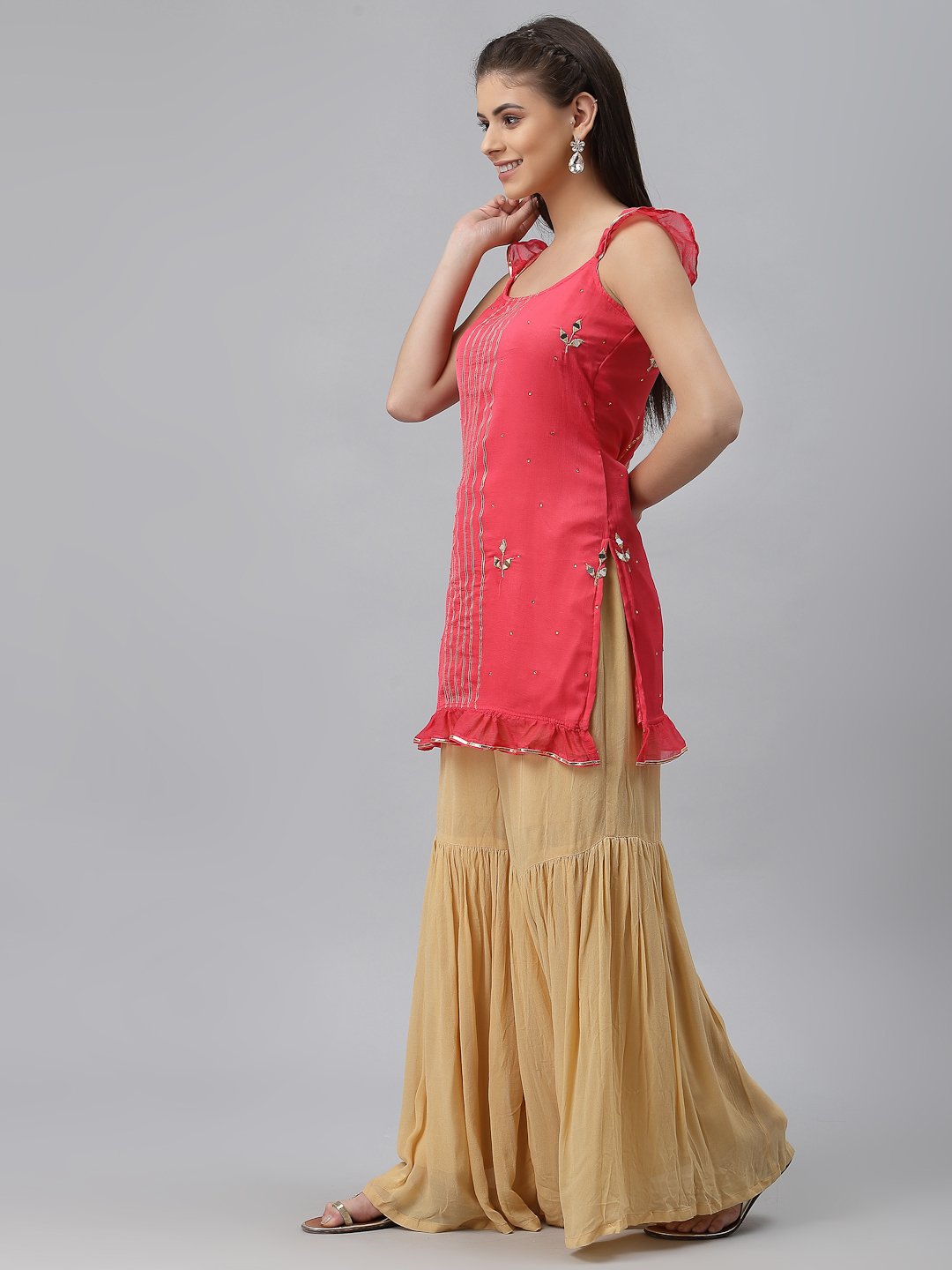 Embroidered Cotton Short Kurti With Sharara And Dupatta