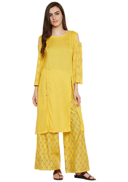 cotton viscose block printed cold shoulder kurta set