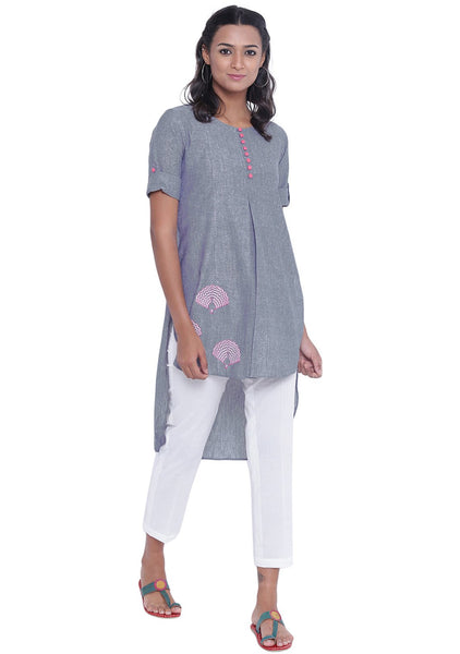 Cotton Chambrey Hand Block Printed High Low Kurta Set