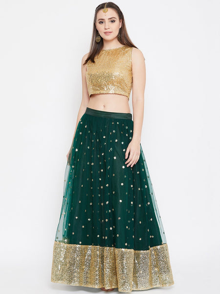 Net Sequin Embellished Gathered Lehenga Set