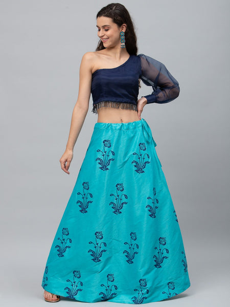 Dupion Block Printed Bias Lehenga Set