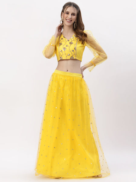 Net Sequin Embroidered Gathered Lehenga Set