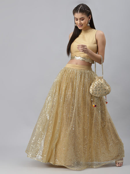 Net Sequins Embroidered Gathered Lehenga Set