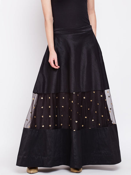 Dupion & Net Sequins Embroidered Panelled Skirt