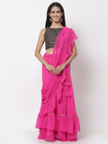 Georgette Embellished Tiered Skirt with Attached Dupatta