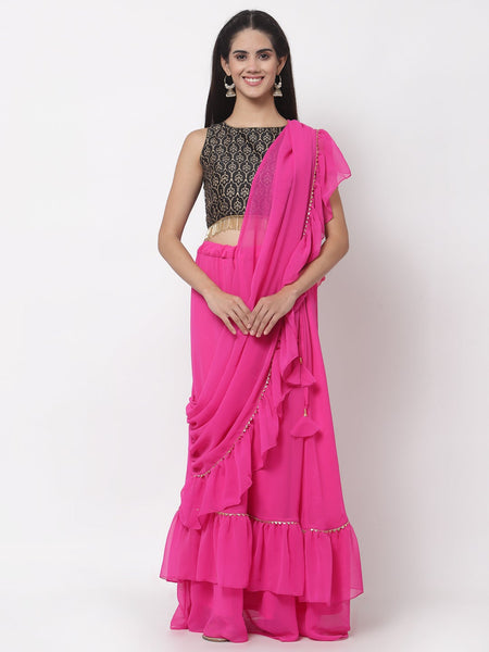 Georgette Embellished Tiered Skirt with Attached Dupatta