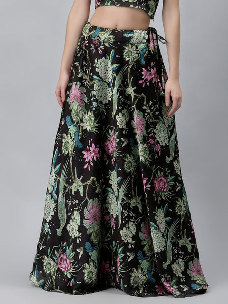 Satin Floral Printed Bias Skirt