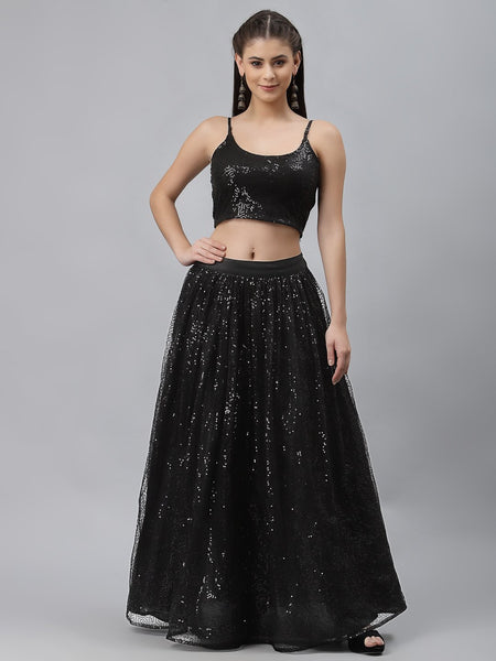 Net Sequins Embroidered Gathered Skirt
