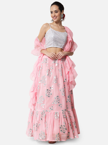 Georgette Floral Embroidered Tiered Skirt with Can-can