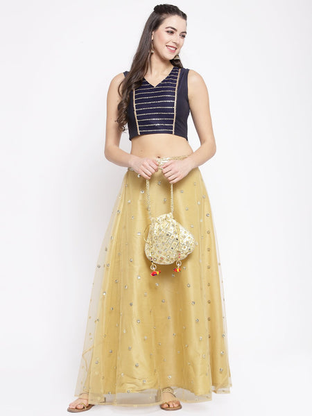 Cotton Silk and Net Embroidered Panelled Crop Top