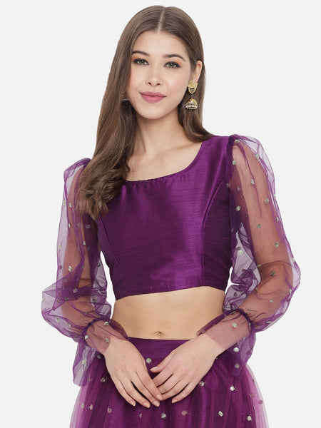 Dupion and Net Sequins Embroidered Crop Top