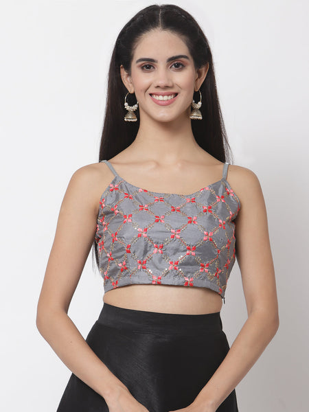 Dupion Embroidered Spaghetti Crop Top