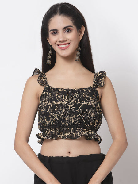 Georgette Hand Block Printed Ruffle Crop Top