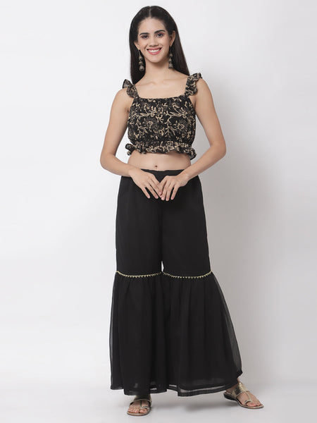 Georgette Hand Block Printed Ruffle Crop Top