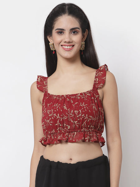 Georgette Hand Block Printed Ruffle Crop Top
