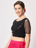 Net Sequin Embroidered Sheer Sleeves Crop Top