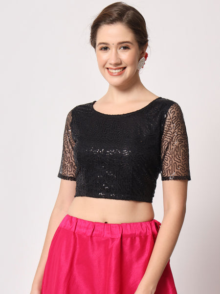 Net Sequin Embroidered Sheer Sleeves Crop Top