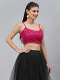 Net Sequin Embroidered Spaghetti Crop Top