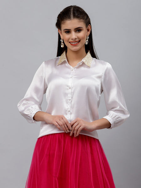 Satin Sequin Embroidered Collar Shirt