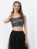 Net Sequin Embroidered Spaghetti Crop Top