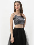 Net Sequin Embroidered Spaghetti Crop Top