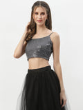 Net Sequin Embroidered Spaghetti Crop Top