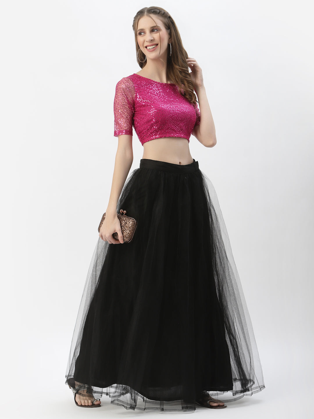 Net Skirt Long Skirt Crop Top Pink Summer Elegant Floral Pink Crop