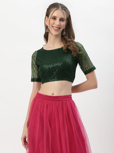 Net Sequin Embroidered Sheer Sleeves Crop Top